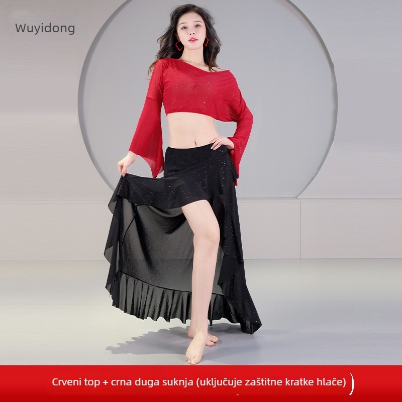 Kostim Belly Dance 2025 — original sexy mreža materijal, drapirani ovratnik, rukavi sa širokim završetkom, set za trening i izvedbu orijentalnog plesa