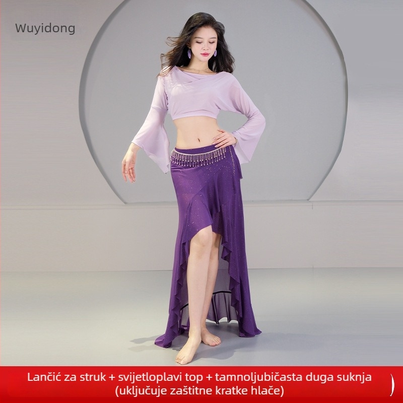 Kostim Belly Dance 2025 — original sexy mreža materijal, drapirani ovratnik, rukavi sa širokim završetkom, set za trening i izvedbu orijentalnog plesa