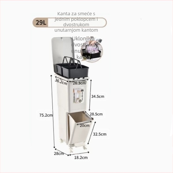 Domaći plastični kanta za odvajanje otpada s poklopcem i pedalom, duga cilindrična dvostrukog sloja, za suhe i mokre otpadke