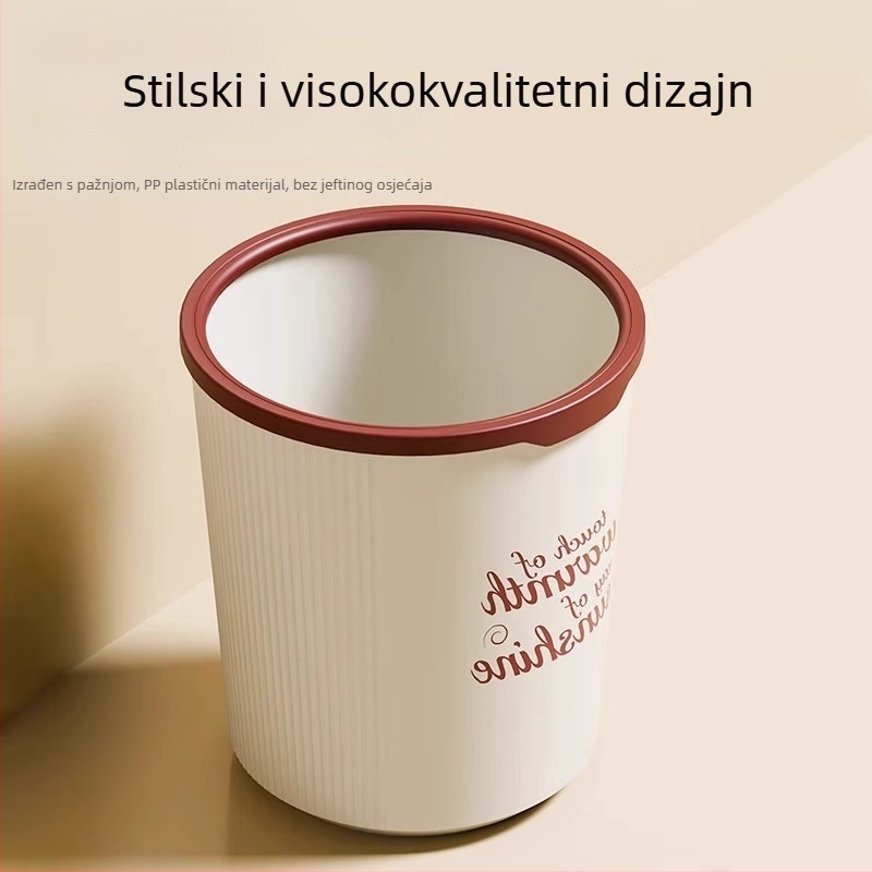 Plastična kanta za smeće bez poklopca za kućnu upotrebu; pogodna za kuhinju, kupaonicu i dnevni boravak; cilindričnog oblika.