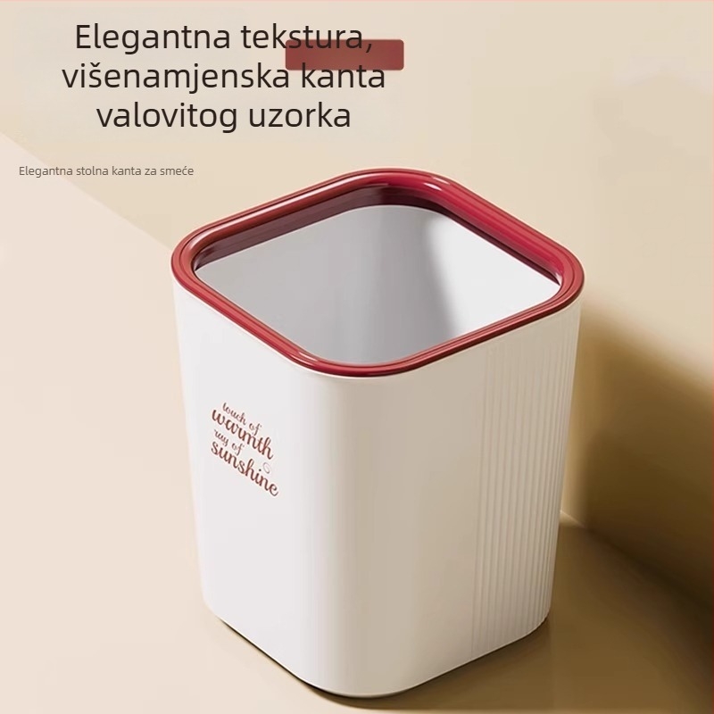 Plastična kanta za smeće bez poklopca za kućnu upotrebu; pogodna za kuhinju, kupaonicu i dnevni boravak; cilindričnog oblika.
