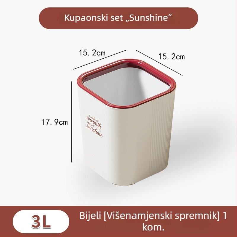 Plastična kanta za smeće bez poklopca za kućnu upotrebu; pogodna za kuhinju, kupaonicu i dnevni boravak; cilindričnog oblika.