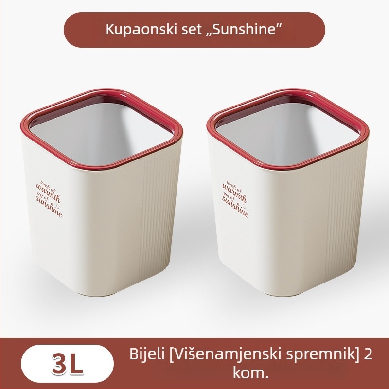 Plastična kanta za smeće bez poklopca za kućnu upotrebu; pogodna za kuhinju, kupaonicu i dnevni boravak; cilindričnog oblika.