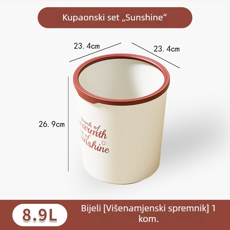 Plastična kanta za smeće bez poklopca za kućnu upotrebu; pogodna za kuhinju, kupaonicu i dnevni boravak; cilindričnog oblika.