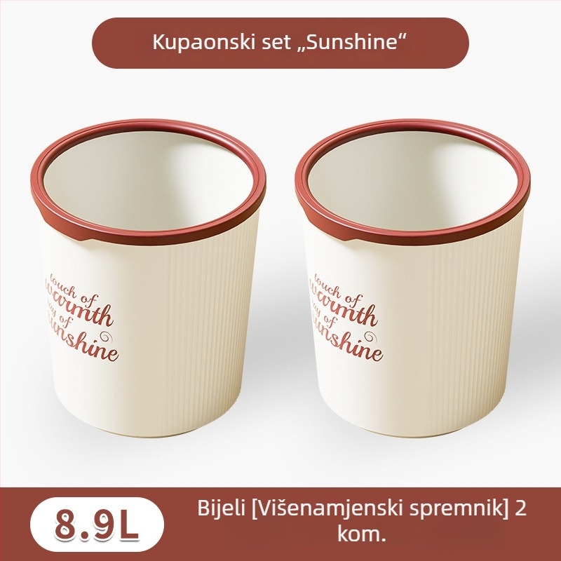 Plastična kanta za smeće bez poklopca za kućnu upotrebu; pogodna za kuhinju, kupaonicu i dnevni boravak; cilindričnog oblika.