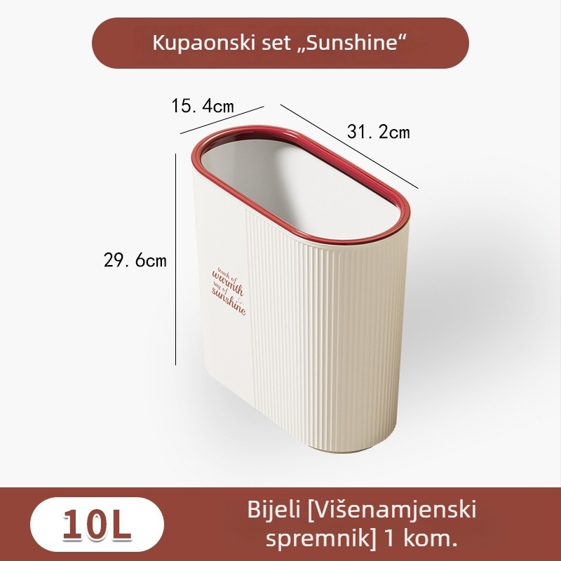 Plastična kanta za smeće bez poklopca za kućnu upotrebu; pogodna za kuhinju, kupaonicu i dnevni boravak; cilindričnog oblika.