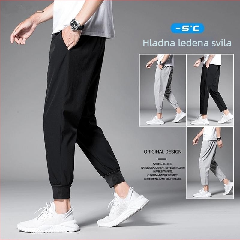 Ljetne muške sportske hlače od ice-silk materijala, ležerna kroj, dužina do gležnja, uski završeci, tanke i prozračne