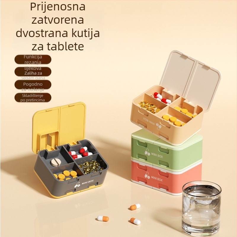 Dvostruki rezač i dozirnik za tablete, mini kutija za tablete sa 7 odjeljaka, prijenosni organizator lijekova, zatvoren spremnik za pohranu