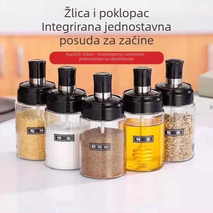 Staklena posuda za začine s integriranom žličicom i poklopcem, hermetički zatvoren set za sol, pileći ekstrakt i natrijev glutamat