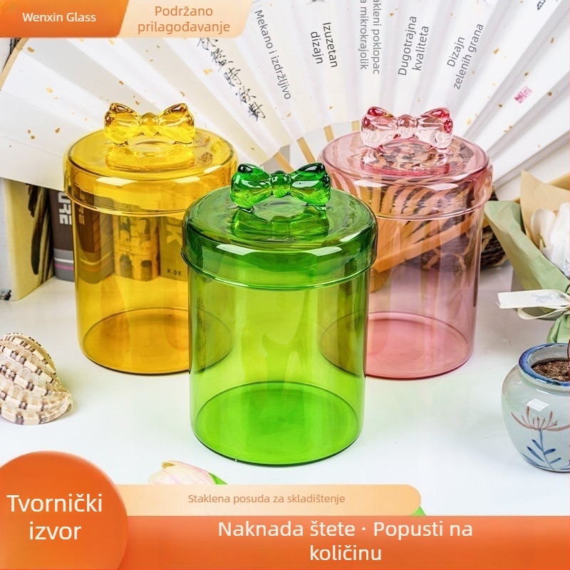 Staklena posuda za skladištenje s mašnicom, bombon boje, zaptivna, za žitarice i grickalice, prehrambena kvaliteta