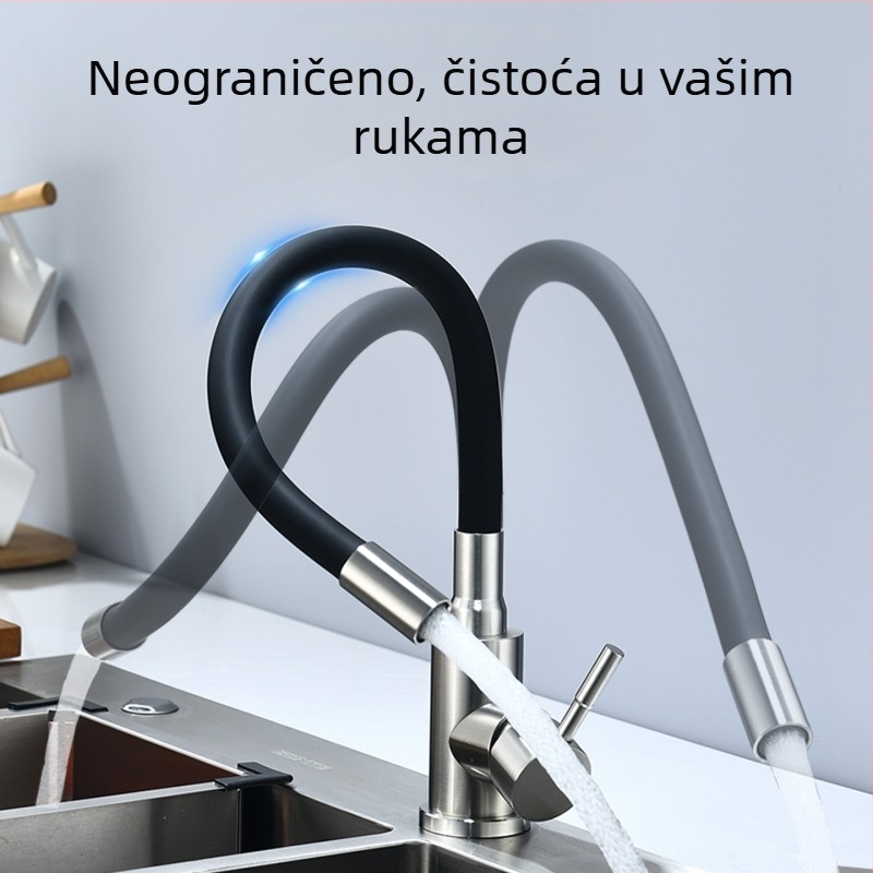 Kuhinjska slavina od nehrđajućeg čelika s rotirajućim crijevom, topla i hladna voda