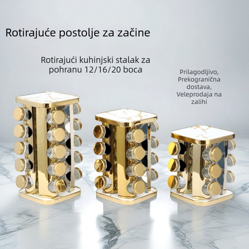 Okretni stalak za začine od nehrđajućeg čelika s mramornim uzorkom i zlatnim završnim slojem; s posudama za začine; 3 etaže, 4 etaže ili 5 etaža