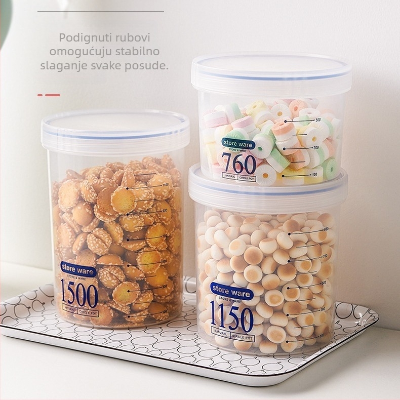 Zatvoreni plastični spremnik za hranu – proziran, otporan na vlagu, kapaciteta 800–1000 ml, za grickalice, mlijeko u prahu i žitarice, prenosni