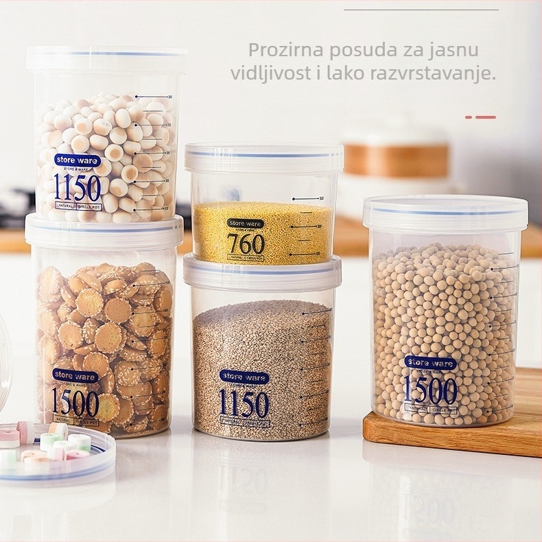 Zatvoreni plastični spremnik za hranu – proziran, otporan na vlagu, kapaciteta 800–1000 ml, za grickalice, mlijeko u prahu i žitarice, prenosni