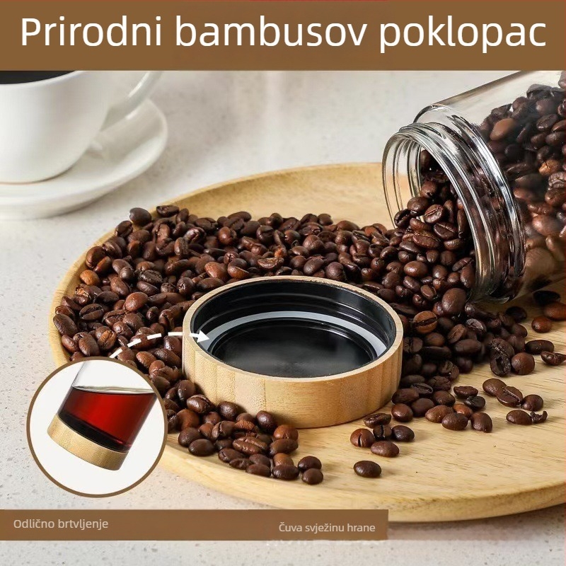 Staklena posuda za skladištenje s poklopcem od bambusa, vlaga otporan zatvoreni spremnik za zrna kave, grickalice i orašaste plodove