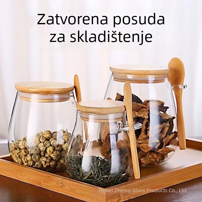 Prilagođeni spremnik za žitarice i čaj sa poklopcem i žličicom, zatvoren stakleni spremnik od borosilikatnog stakla