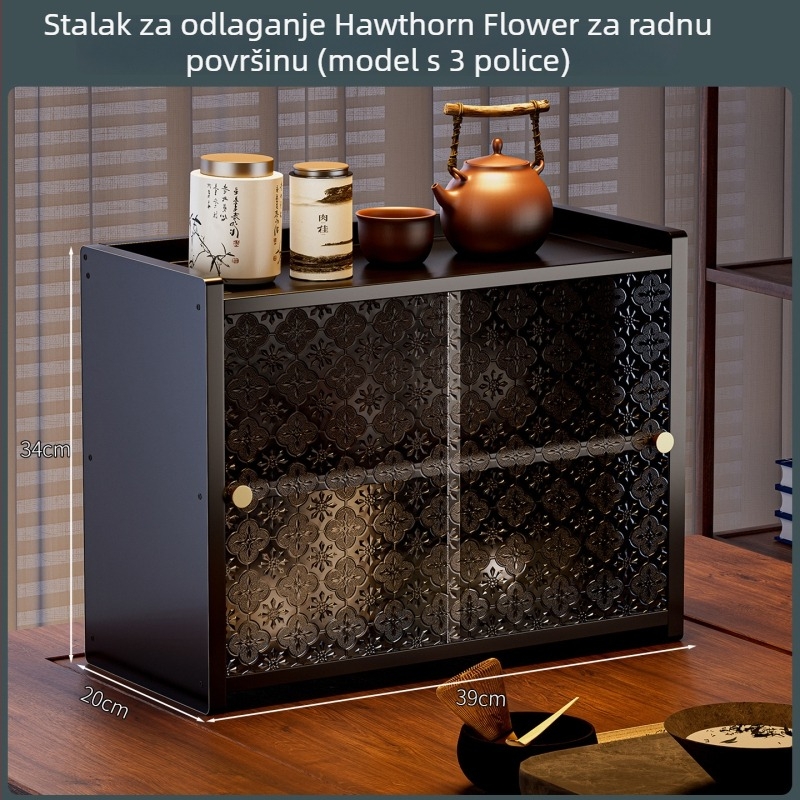 Dvoetažni stolni ormarić za skladištenje s kliznim vratima, velika kapaciteta, organizator za kuhinju i blagovaonu, stalak za začine i stakleni čajni servis.