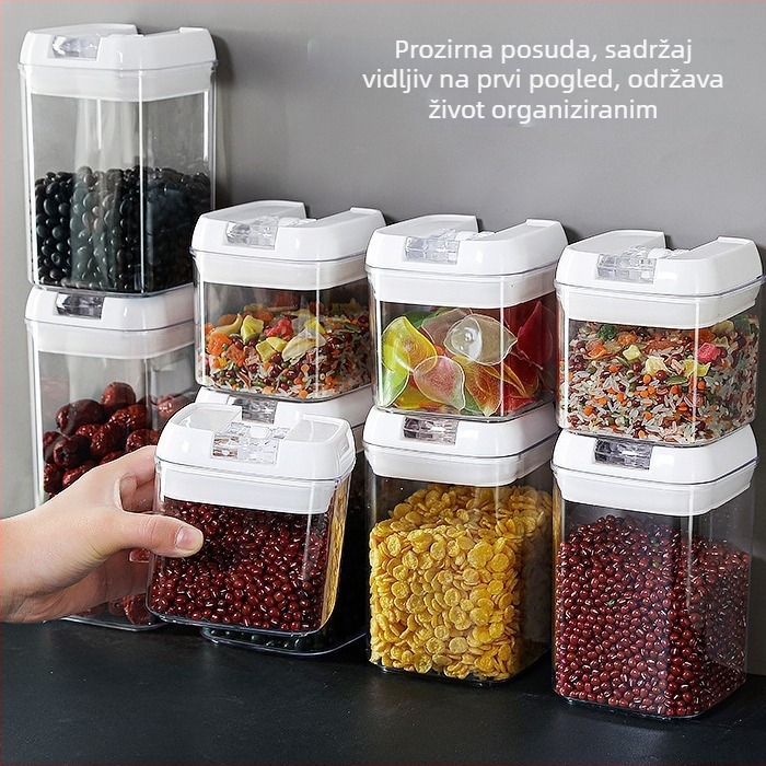 Plastična posuda za hranu, 1–2 L, skladištenje žitarica, grickalica i orašastih plodova, očuvanje svježine u hladnjaku, jednostavan zatvarač poklopca