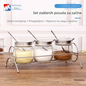 Posuda za začine sa žličicom i kutijom, staklena posuda za so s poklopcem od nehrđajućeg čelika s oprugom
