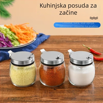 Posuda za začine sa žličicom i kutijom, staklena posuda za so s poklopcem od nehrđajućeg čelika s oprugom