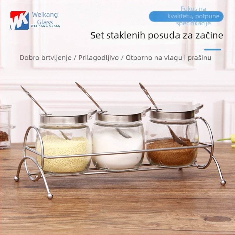 Posuda za začine sa žličicom i kutijom, staklena posuda za so s poklopcem od nehrđajućeg čelika s oprugom