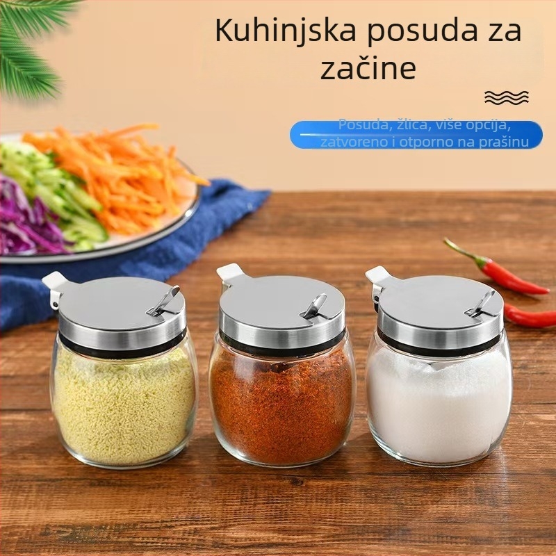 Posuda za začine sa žličicom i kutijom, staklena posuda za so s poklopcem od nehrđajućeg čelika s oprugom