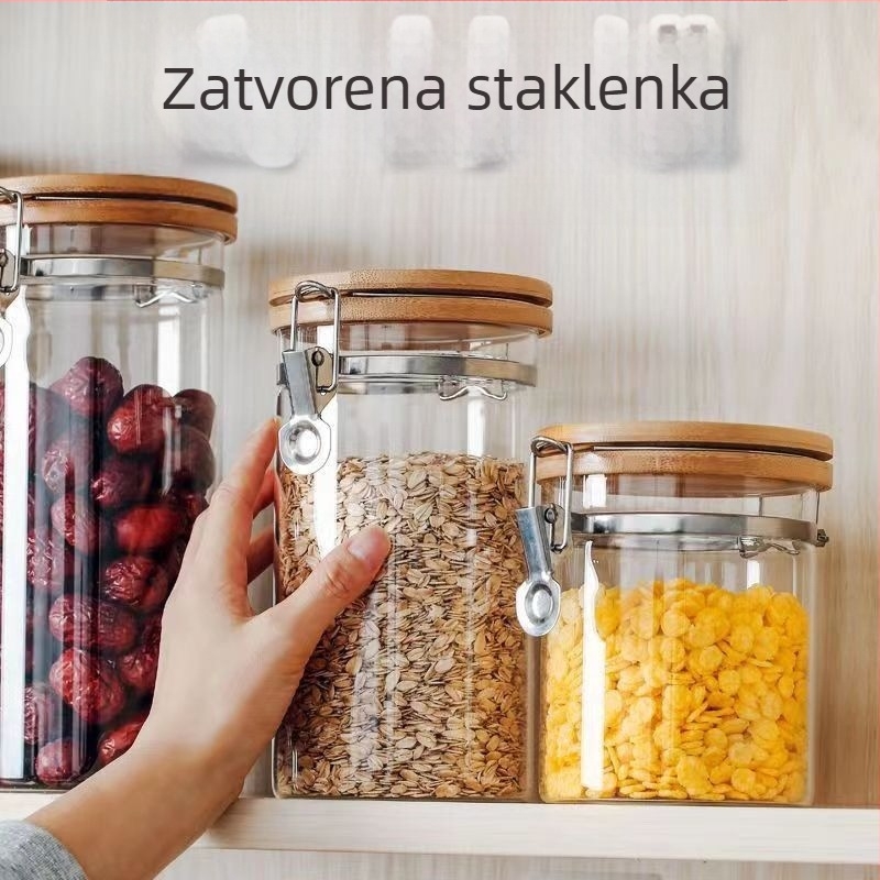 Staklena posuda za skladištenje sa zatvaračem na kopču, prozirna, kuhinja, za čuvanje žitarica, suhih namirnica i grickalica
