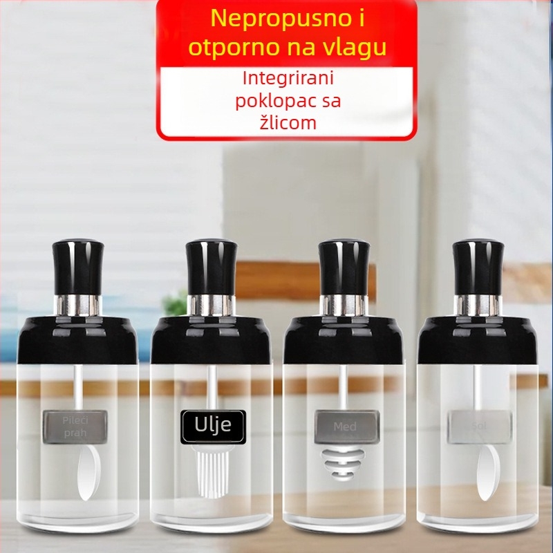 Staklena posuda za začine sa zatvorenim spremnikom ulja i integriranim poklopcem sa žličicom, za roštilj papar i sol