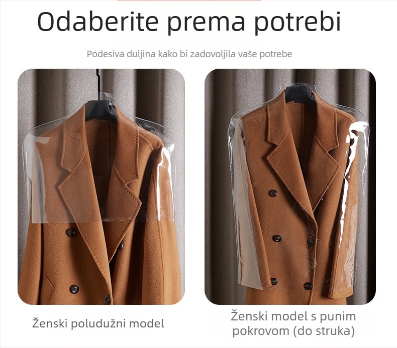 Prozirni plastični zaštitni pokrov za odjeću, kućna uporaba, za kapute i odijela do pola duljine