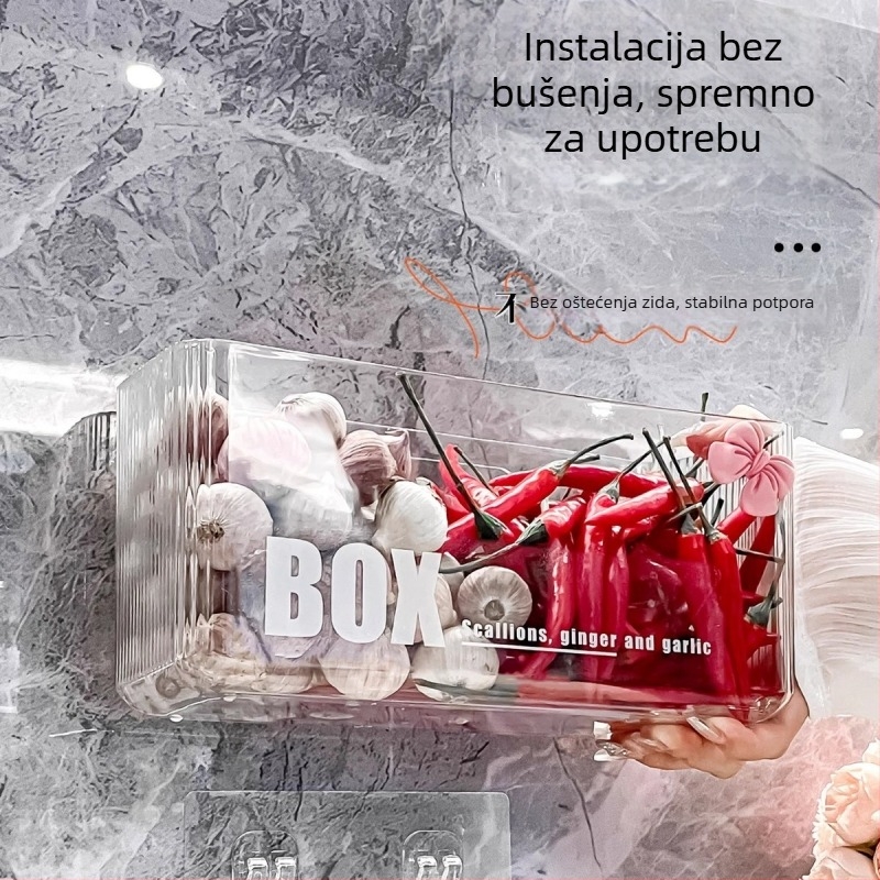 Kuhinjski zidni organizator za pohranu luka, đumbira i češnjaka — bez bušenja, plastični, modernog minimalističkog dizajna.