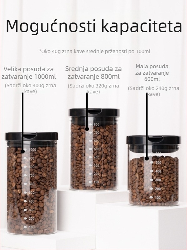 Zatvoren stakleni spremnik za kavu u zrnu od borosilikatnog stakla bez olova, kapacitet 800–1000 ml, pogodan za čaj, mlijeko u prahu i žitarice