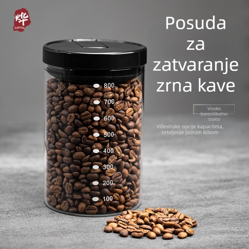 Zatvoren stakleni spremnik za kavu u zrnu od borosilikatnog stakla bez olova, kapacitet 800–1000 ml, pogodan za čaj, mlijeko u prahu i žitarice