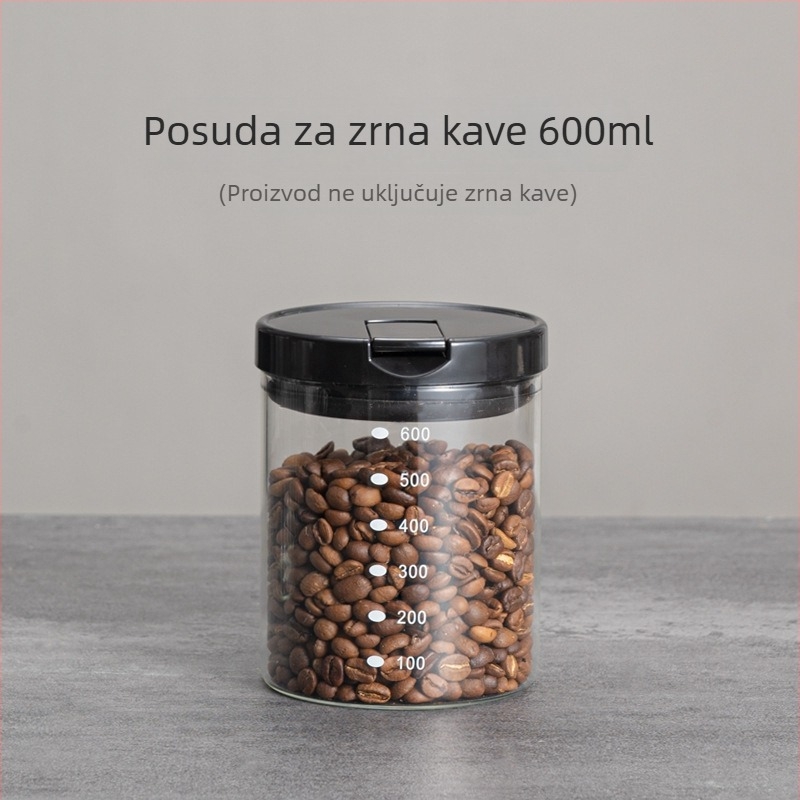 Zatvoren stakleni spremnik za kavu u zrnu od borosilikatnog stakla bez olova, kapacitet 800–1000 ml, pogodan za čaj, mlijeko u prahu i žitarice