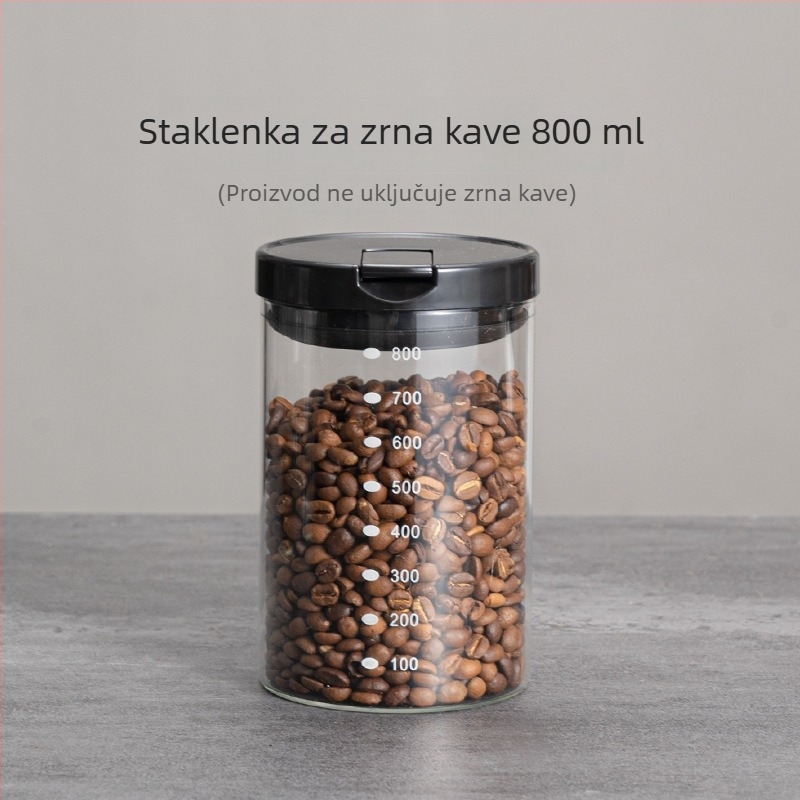 Zatvoren stakleni spremnik za kavu u zrnu od borosilikatnog stakla bez olova, kapacitet 800–1000 ml, pogodan za čaj, mlijeko u prahu i žitarice