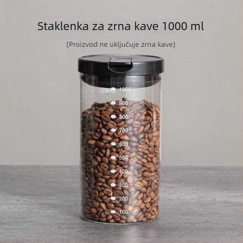 Zatvoren stakleni spremnik za kavu u zrnu od borosilikatnog stakla bez olova, kapacitet 800–1000 ml, pogodan za čaj, mlijeko u prahu i žitarice