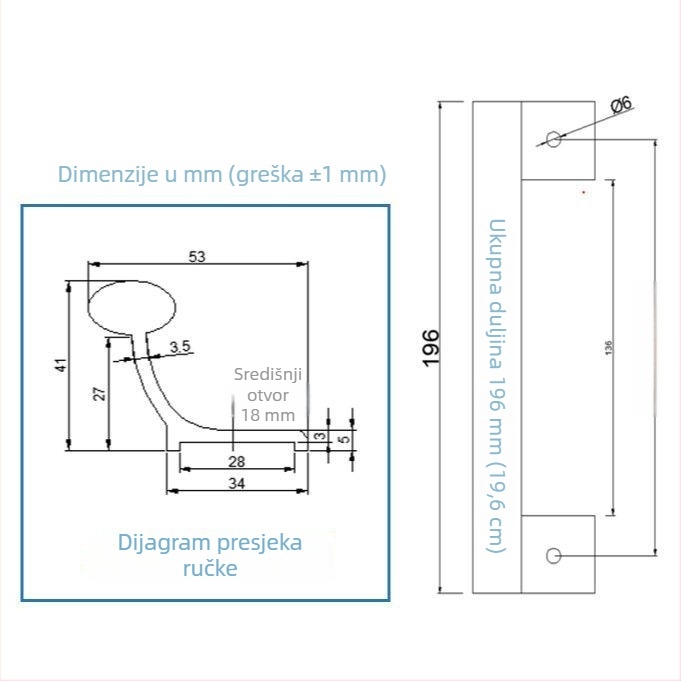 Ručka za klizna vrata od čvrstog aluminijskog legura, razmak rupa 167 mm