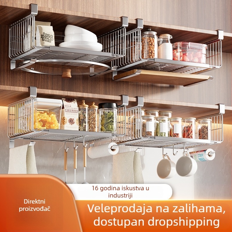 Nerđajući kuhinjski višeslojni stalak za skladištenje, viseći koš za začine, bez ugradnje, zidni nosač ispod ormarića