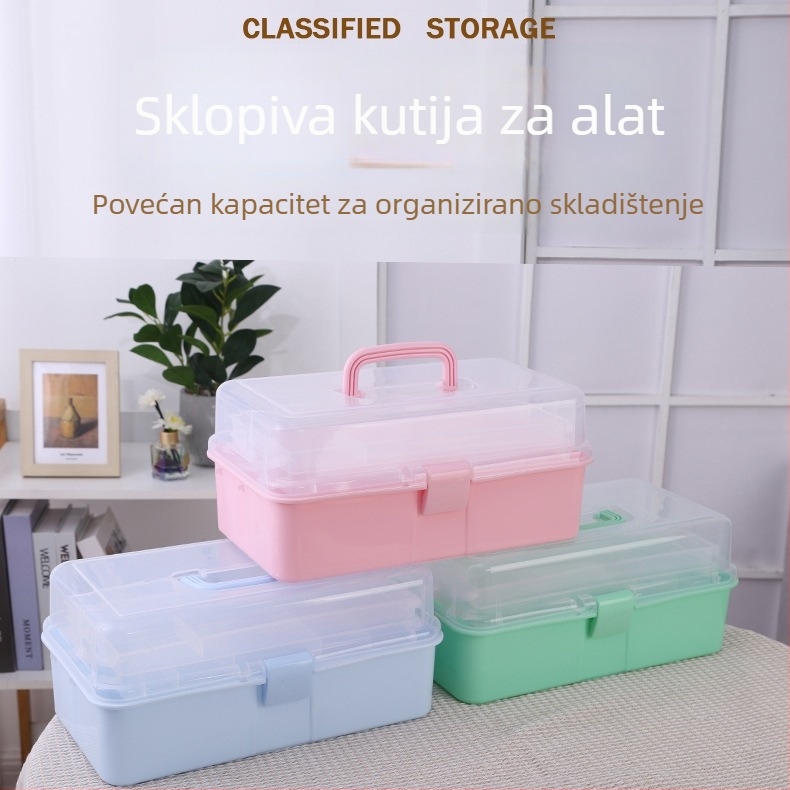 Tro-slojna sklopiva plastična kutija za skladištenje s pretincima, ekstra veliki kapacitet, alatna kutija, kutija za manikuru i pribor za umjetnost
