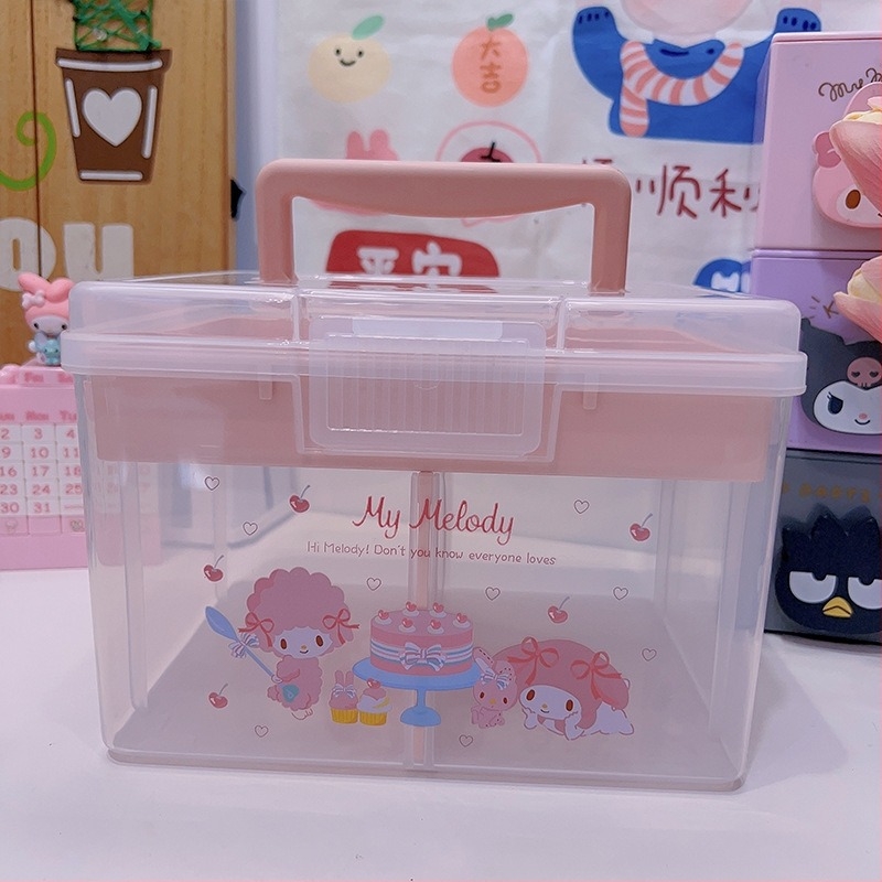 Prozirna prenosna dvostruka kutija za pohranu s motivima Cinnamoroll i My Melody – slatka kutija za lijekove, bilježnice i uredski pribor.