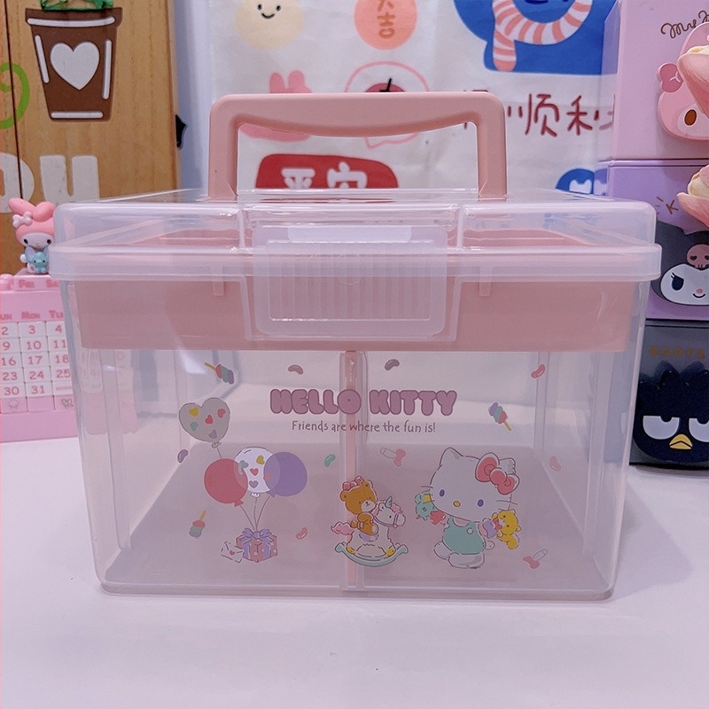 Prozirna prenosna dvostruka kutija za pohranu s motivima Cinnamoroll i My Melody – slatka kutija za lijekove, bilježnice i uredski pribor.