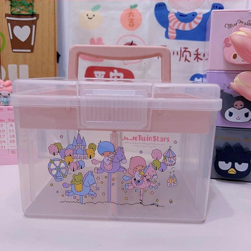 Prozirna prenosna dvostruka kutija za pohranu s motivima Cinnamoroll i My Melody – slatka kutija za lijekove, bilježnice i uredski pribor.