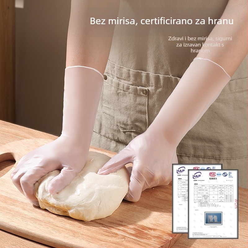 Jednokratne nitrilne rukavice s produženom dužinom, za kontakt s hranom, kuhinju, pranje posuđa i kućanske poslove, vodootporne i izdržljive.
