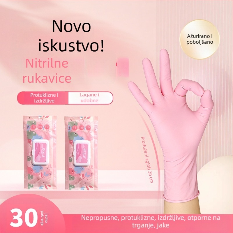 Jednokratne nitrilne rukavice s produženom dužinom, za kontakt s hranom, kuhinju, pranje posuđa i kućanske poslove, vodootporne i izdržljive.