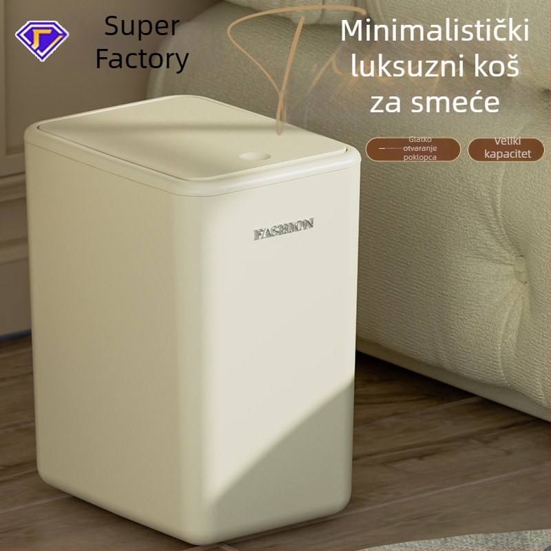 Kućni kantu za smeće, velika kapaciteta, kvadratni plastični, poklopac na pritisk, krem boja, minimalistički luksuzan dizajn