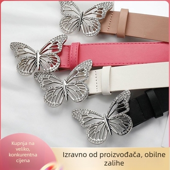 Novi metalni pojas s izrezbarenim leptirima i kristalnim umetkom, kopča sa snap mehanizmom, minimalistički stil za traperice