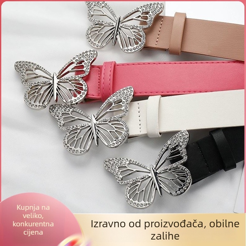 Novi metalni pojas s izrezbarenim leptirima i kristalnim umetkom, kopča sa snap mehanizmom, minimalistički stil za traperice