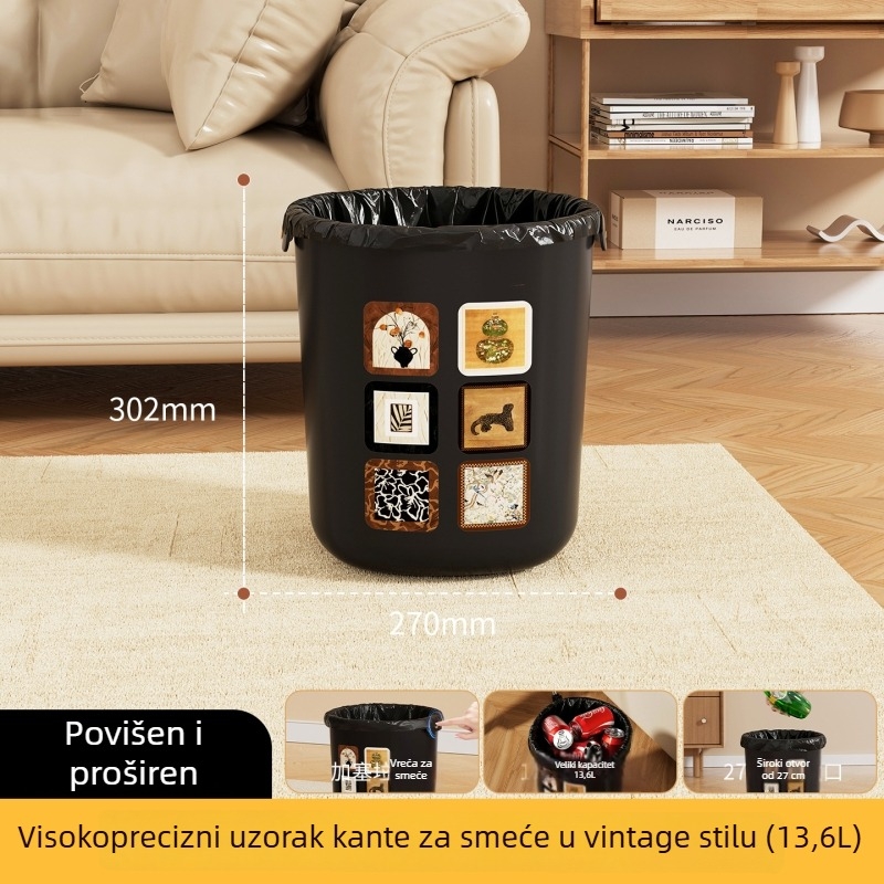 Kanta za smeće za dnevni boravak u vintage stilu, velike kapacitete, bez poklopca, luksuzan kućni dizajn, model 2025, 9 L