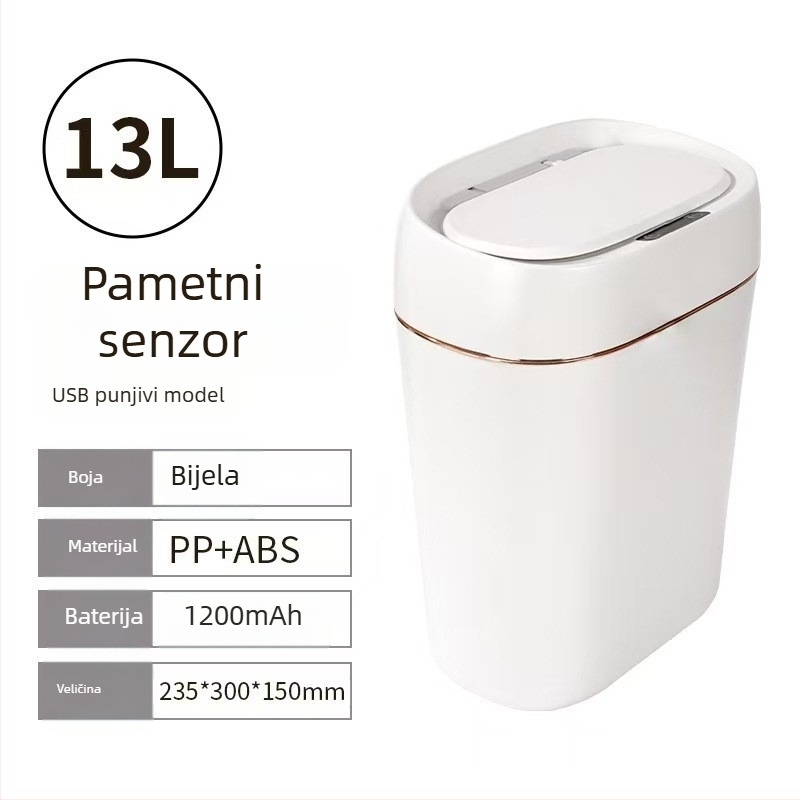 Senzorski kanta za otpad s indukcijskim poklopcem, 13–17 L, kvadratna plastična konstrukcija, za dom: dnevni boravak, spavaća soba, kupaonica, kuhinja; višekanalno razvrstavanje otpada