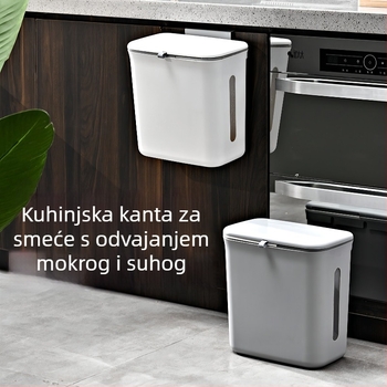 Zidni kuhinjski kanta za otpad s podjelom suho i mokro, klizni poklopac, 12 L, plastika, bijela/siva