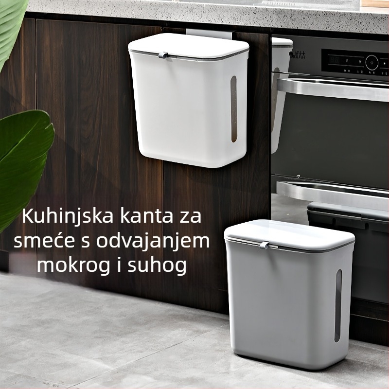 Zidni kuhinjski kanta za otpad s podjelom suho i mokro, klizni poklopac, 12 L, plastika, bijela/siva